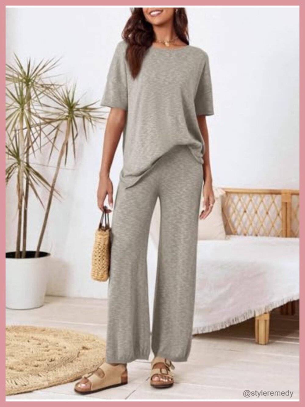 2 Piece Lounge Set Knit Tracksuit Wide Leg Pants Short Sleeve - Picture 5 of 6